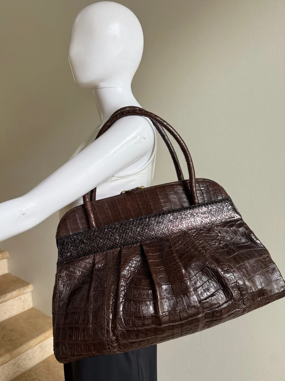 NANCY GONZALEZ Genuine Crocodile Top Handle Shoulder Bag Handbag, Brown